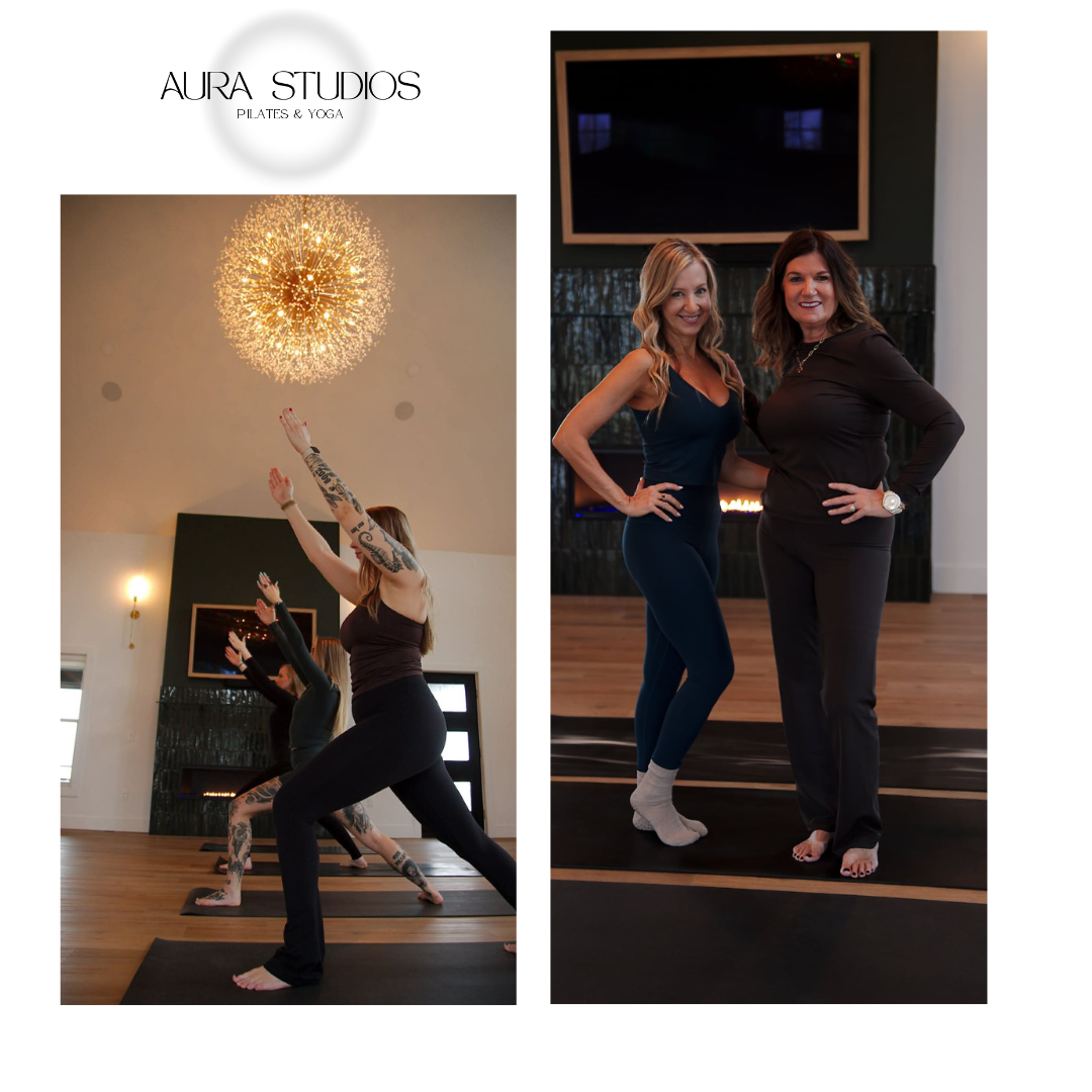 Aura Studios owners and a yoga class in the studio in Lancaster Ohio